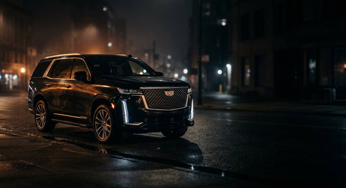 Black Cadillac Escalade waiting at night near Logan Airport, representing Logan Airport Chauffeur's premium fleet