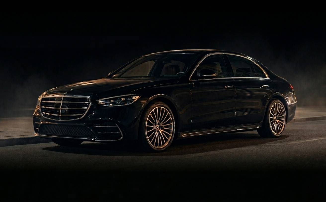 Black Mercedes S-Class executive sedan at night, the standard vehicle for Logan Airport Chauffeur