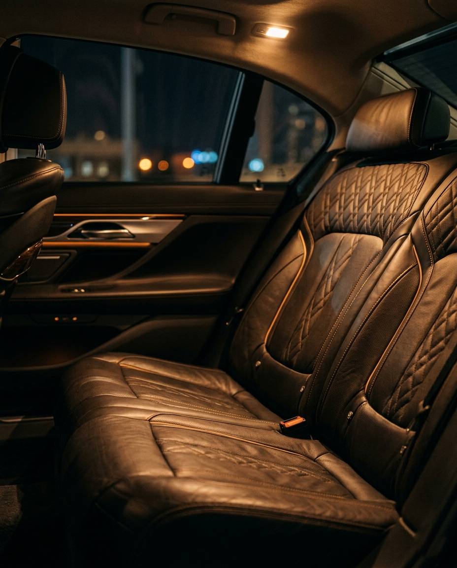 Quilted leather seating inside a luxury sedan, the kind of cabin detail Logan Airport Chauffeur passengers ride in